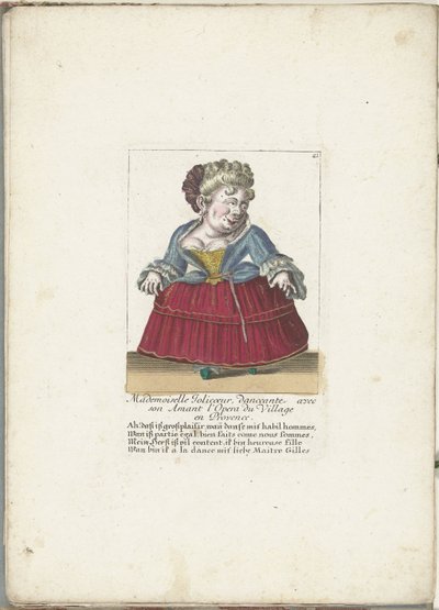 Dwerg als de Franse Mademoiselle Jolicoeur, ca. 1710 Mademoiselle Jolicoeur, tanečnice se svým milencem v Opeře du Village v Provence (název na objektu) Il Callotto resurcitato oder Neu eingerichtes Zwerchen Cabinet (název série) od Martin Engelbrecht (attributed to)
