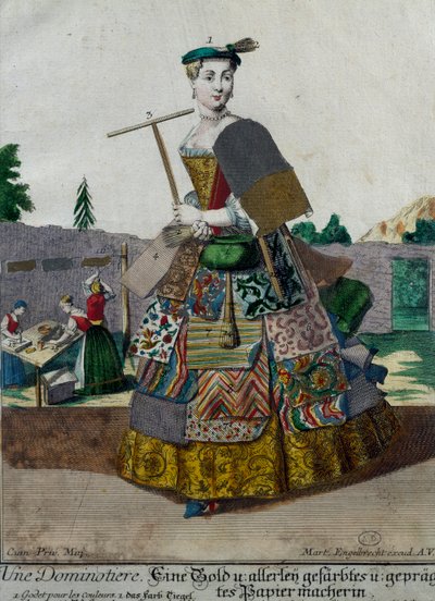 Výrobce barevných papírů, rytina z Assemblage des nouveau manouvries habilles Martin Engelbrecht (1684-1756), Německo od Martin Engelbrecht