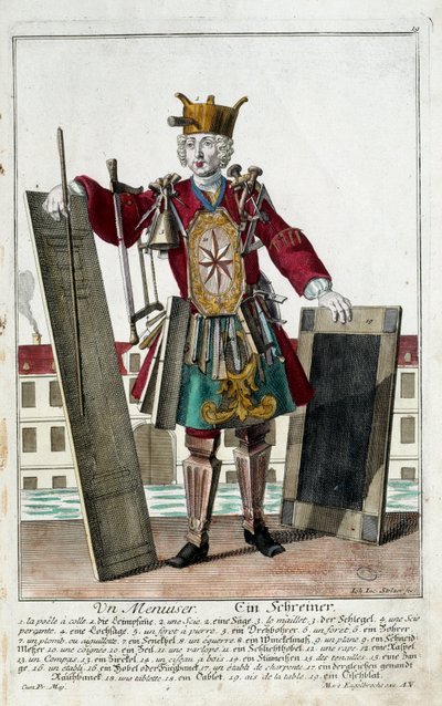 Metier: Tesař. Rytina Martina Engelbrechta (1684-1756), v „“New Assembly of the manouvries habilles”” 18. století, Německo. Paříž, dekorativní umění od Martin Engelbrecht