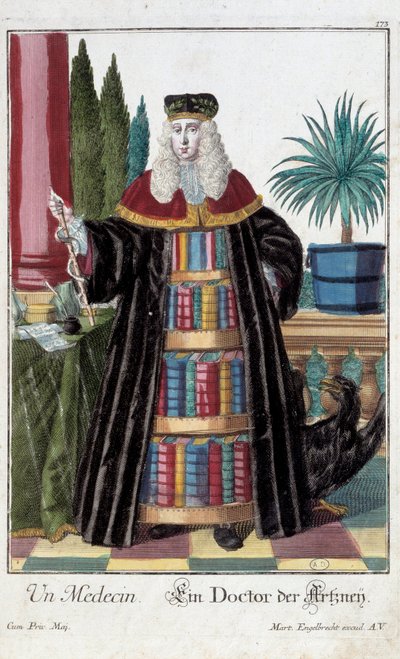 Metier: Lékař. Rytina Martina Engelbrechta (1684-1756), v „“New Assembly of the manouvries habilles”” 18. století, Německo. Paříž, dekorativní umění od Martin Engelbrecht