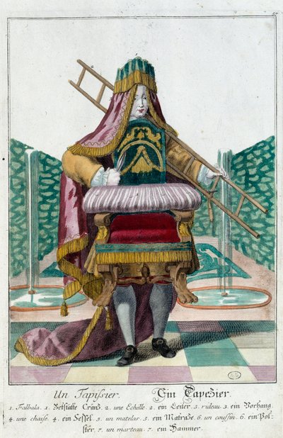 Metier: Čalounění. Rytina Martina Engelbrechta (1684-1756), v „“New Assembly of the manouvries habilles”” 18. století, Německo. Paříž, dekorativní umění od Martin Engelbrecht