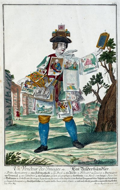 Metier: Prodejce obrázků. Rytina Martina Engelbrechta (1684-1756), v „“New Assembly of the manouvries habilles”” 18. století, Německo. Paříž, dekorativní umění od Martin Engelbrecht