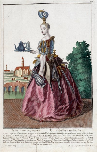 Metier: Žena zlaté rybky. Rytina Martina Engelbrechta (1684-1756), v „“New Assembly of the manouvries habilles”” 18. století, Německo. Paříž, dekorativní umění od Martin Engelbrecht