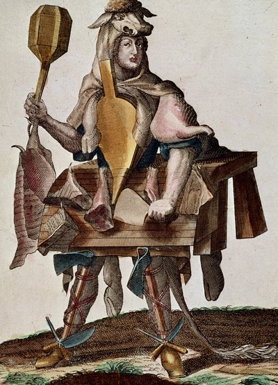 Řezník, rytina z Assemblage des nouveau manouvries habilles Martin Engelbrecht (1684-1756), Německo od Martin Engelbrecht