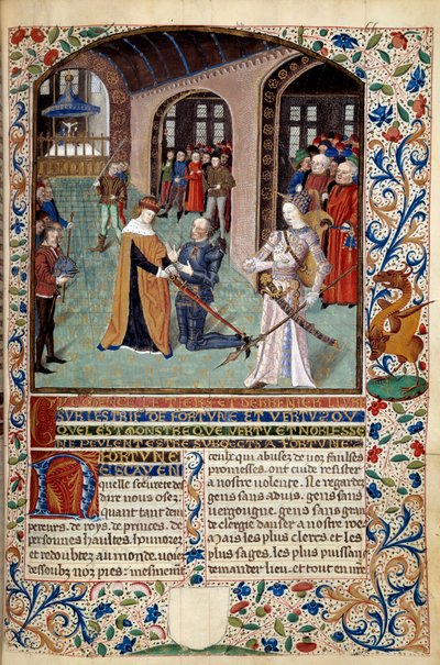 Alegorie ctnosti: vazal vzdávající hold svému pánovi v přítomnosti ctnosti. Miniatura z „Duch štěstí a ctnosti“ od Martina Le Franc (1410-1461) 1447-1448, Paris B.N. od Martin Le Franc