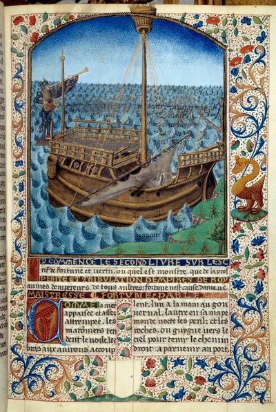 Znázornění lodi na moři - Miniatura z „Duch štěstí a ctnosti“ od Martina Le Franca (1410-1461) 1447-1448 - Paris B.N. - Loď na moři - Miniaturní obraz z rukopisu „Duch štěstí a ctnosti“ od Martina Le Franc (1410-1461) od Martin Le Franc