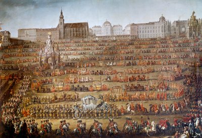 Vchod Marie Isabely Bourbonské Parma (1741-1763) do Vídně u příležitosti jejího sňatku s rakouským císařem Josefem II. (1741-1790), v pozadí kostel Augustinů a dvorní knihovna Obrovský průvod je organizován prostřednictvím od Martin Meytens the Younger