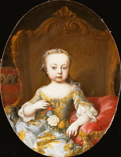 Portrét jeho sestry, arcivévodkyně Marie Christine, sedící, tříčtvrteční, ve zlatých vyšívaných modrých šatech s věncem květin, od Martin Meytens the Younger