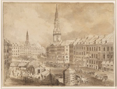 Nytorv a Gammel Torv v Kodani s věžemi svatého Petrise a kostelem Panny Marie od Martin Rudolf Heland