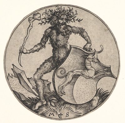 Shield with Greyhound Hold by Wild Man, ca. 1435-1491. od Martin Schongauer