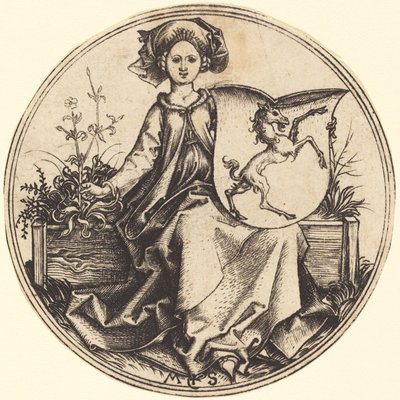 Štít s jednorožcem, držený ženou od Martin Schongauer