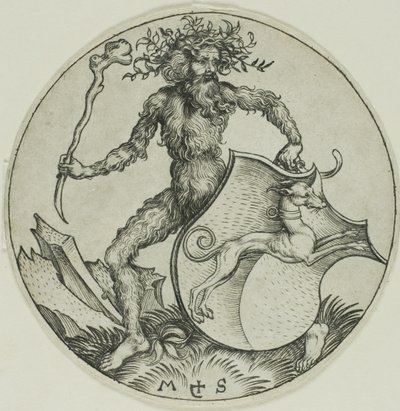 Štít s chrtem, držený divokým mužem od Martin Schongauer