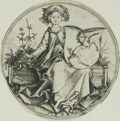 Štít s jednorožcem, držený dámou od Martin Schongauer