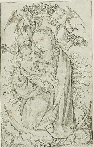 Madona na půlměsíci korunovaná dvěma anděly od Martin Schongauer