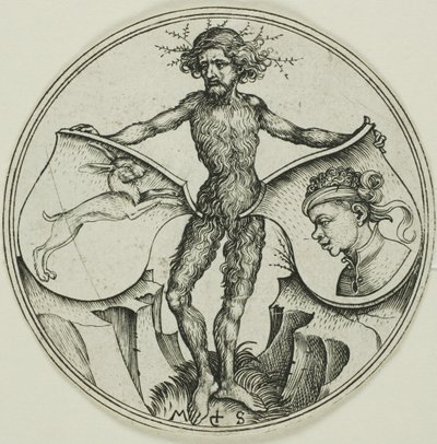 Dva štíty se zajícem a hlavou Maura, držené divokým mužem od Martin Schongauer