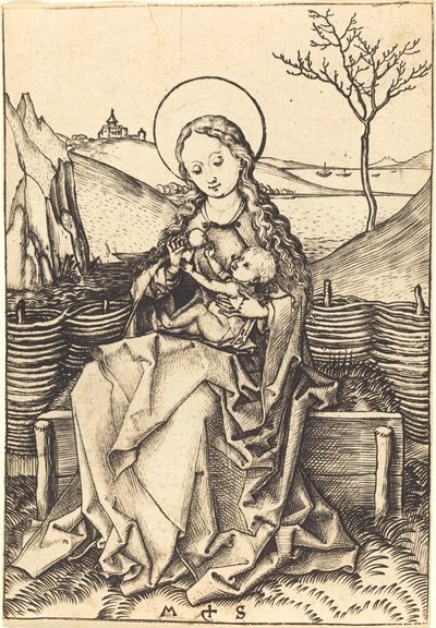 Panna a dítě na travnaté lavičce od Martin Schongauer