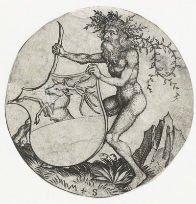 Erb s jelenem, který drží divoký muž s kyjem Figurky s erby (název série) od Martin Schongauer