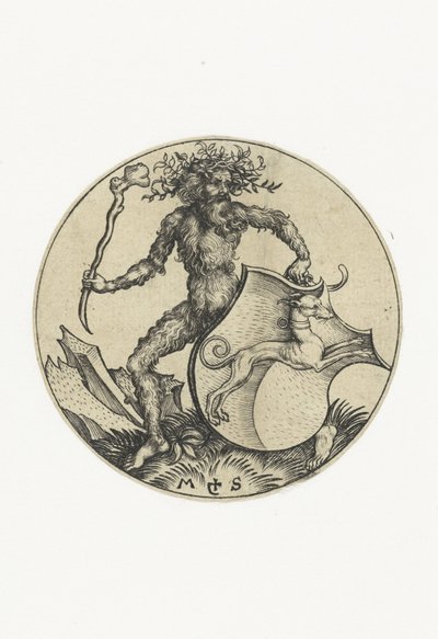Erb se psem, který drží divoký muž s kyjem Figurky s erby (název série) od Martin Schongauer