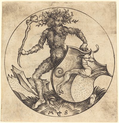Divoký muž držící štít s chrtem od Martin Schongauer
