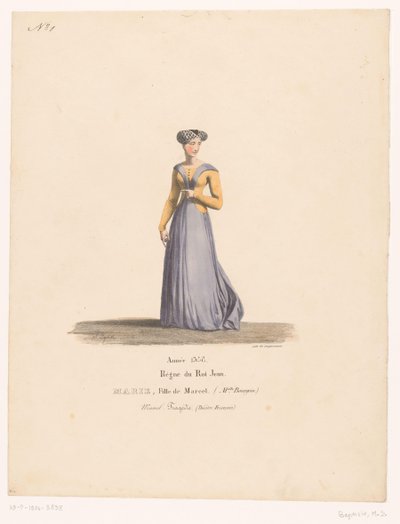 Kostuum van Marie Marcel uit de tragedie Marcel Marie, dcera Marcela (titul na předmětu) Theaterkostuums (název seriálu) Francouzské divadlo: kolekce kostýmů MM. J. Alaux a L. Duponchel z rukopisných kreseb v knihovně Comédie od Martin Sylvestre Baptiste