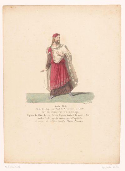 Kostuum van Odo I, koning van West-Francië v tragédii Obležení Paříže Odo, hrabě z Paříže (titul na předmětu) Theaterkostuums (název seriálu) Francouzské divadlo: kolekce kostýmů MM. J. Alaux a L. Duponchel z rukopisných kreseb z od Martin Sylvestre Baptiste