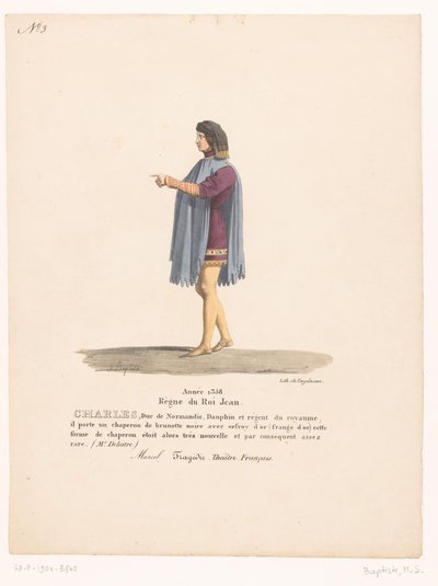 Kostuum van de dauphin Karel van Valois uit de tragedie Marcel Charles, vévoda z Normandie (titul na předmětu) Theaterkostuums (název seriálu) Francouzské divadlo: kolekce kostýmů MM. J. Alaux a L. Duponchel z rukopisných kreseb v Bibliot od Martin Sylvestre Baptiste
