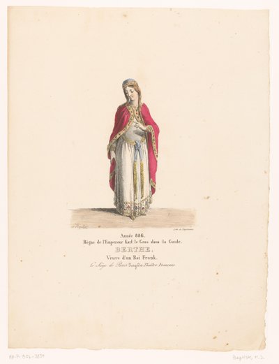 Kostuum van koningin Berthe uit de tragedie The Siege of Paris Berthe (titul na objektu) Theaterkostuums (název seriálu) Francouzské divadlo: kolekce kostýmů MM. J. Alaux a L. Duponchel podle rukopisných kreseb z Bibliothèque de la Comédie- od Martin Sylvestre Baptiste