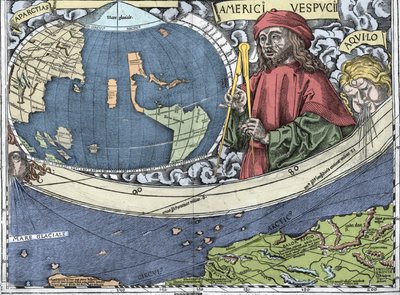 VESPUCCI, Amerigo (1454-1512). Italský průzkumník a kartografie v „Waldseemullerově mapě nebo Universalis Cosmographia - (Univerzální kosmografie) - Waldsemuller Planisphere“ - 1507 - od Martin Waldseemuller
