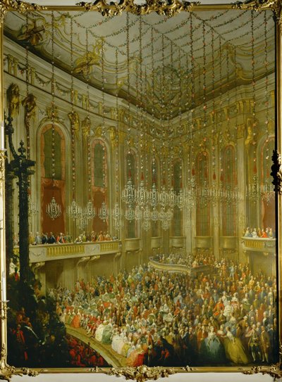 Svatební koncert pro císaře Josefa II. a Isabelu Parmskou;serenáda v Redoutensaal ve vídeňském císařském paláci... (olej na plátně) od Martin van Mytens or Meytens