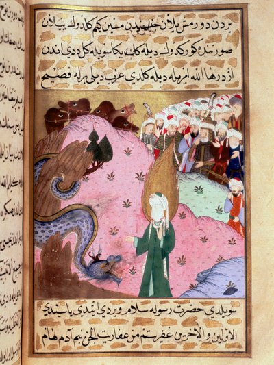 Muhammad, představuje skrytou tvář, krotí miniaturního hada z epické básně „Siyer-i Nebi“ (Siyer i Nebi), která vypráví o životě proroka Mohameda, kterou napsal Mustafa, syn Yusufa d