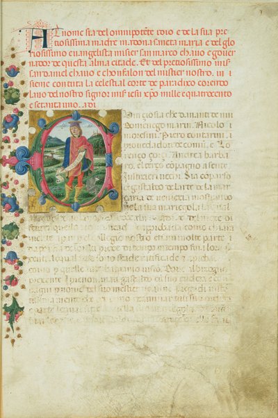 Historická iniciála C zobrazující Proroka Daniela v krajině, kolem roku 1471 od Martino di Giorgio da Modena