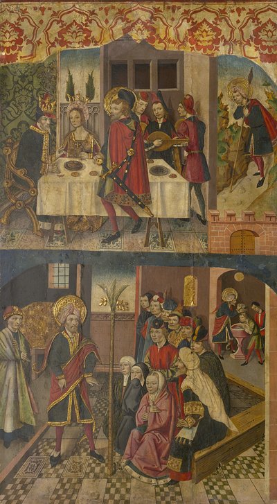 Svatý Kryštof na odchodu krále, který se bál Satana, Svatý Kryštof a jeho obrácení, 1480-85 od Martín de Soria