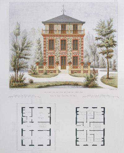 Projekt malého venkovského domu poblíž Paříže, vyrytý Walterem, deska 18 z Architecture Pittoresque et Moderne od Marty