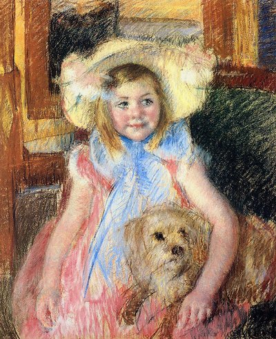 Sara ve velkém květovaném klobouku, dívá se doprava, drží svého psa, kolem roku 1901 (pastel na papíře) od Mary Cassatt