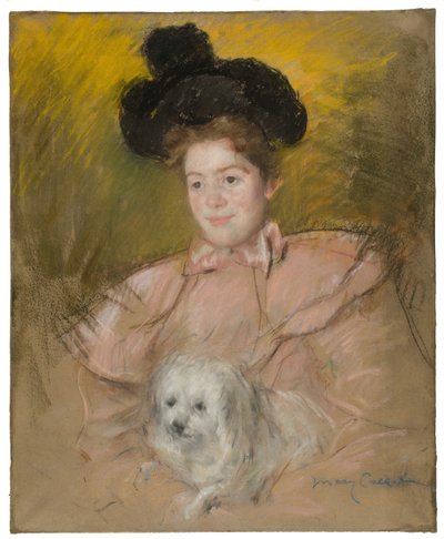 Žena v malinovém kostýmu drží psa, c. 1901. od Mary Cassatt
