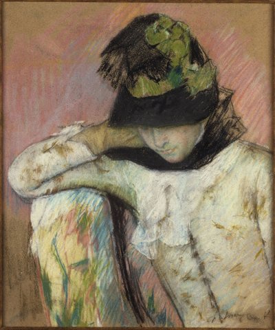 Mladá žena v černém a zeleném klobouku, hledící dolů od Mary Cassatt