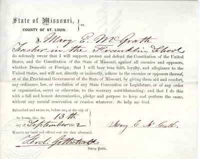 Věrnostní přísaha Mary E. McGrath z Missouri, hrabství St. Louis od Mary E. McGrath