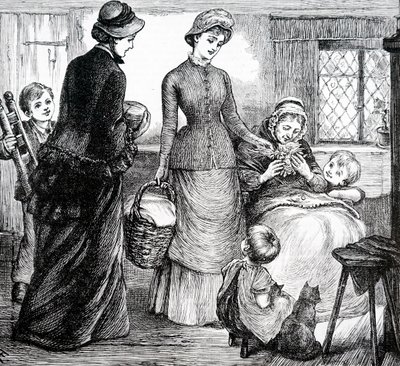 Žena obdarovávající chudého chalupníka. Mary Ellen Edwards (1838-1934), anglická umělkyně od Mary Ellen Edwards