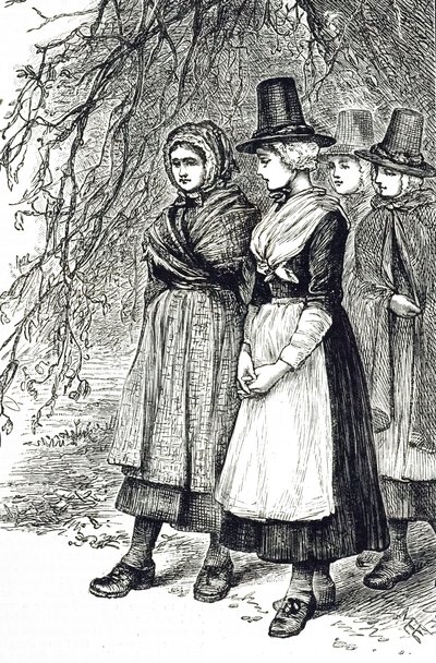 Rytina zobrazující velšské dívky na Hollantide Fair, náborovém veletrhu, čekající na zasnoubení jako domácí sluhové. Ilustrovala Mary Ellen Edwards (1838-1934), anglická umělkyně a ilustrátorka dětských knih. od Mary Ellen Edwards