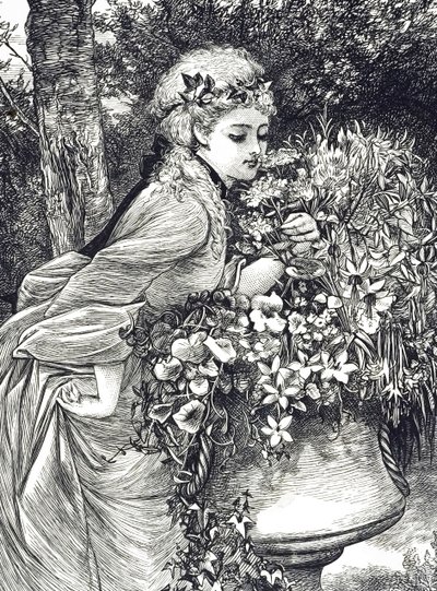 Rytina zobrazující mladou dívku vonící květinami umístěnou v zahradní urně. Ilustrovala Mary Ellen Edwards (1838-1934), anglická umělkyně a ilustrátorka dětských knih. od Mary Ellen Edwards