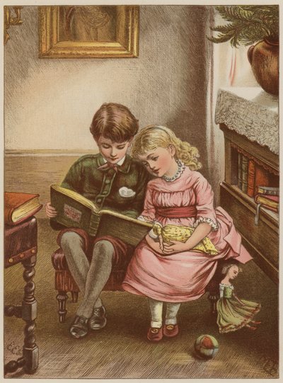 Chlapec a dívka čtou knihu (chromolitho) od Mary Ellen Edwards