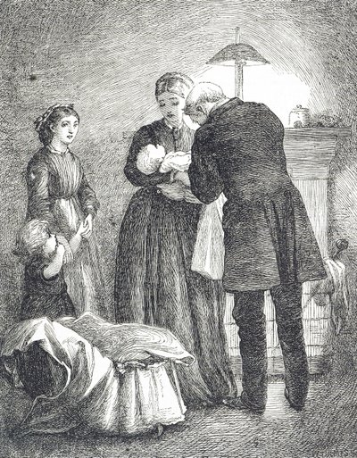 Rytina zobrazující lékaře, který vyšetřuje dítě se spalničkami od Mary Ellen Edwards