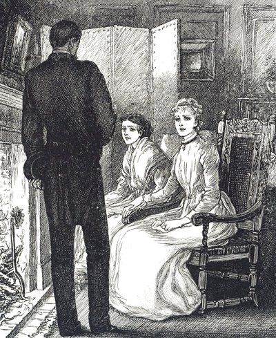 Rytina zobrazující dvě ženy udržující se v teple u krbu od Mary Ellen Edwards
