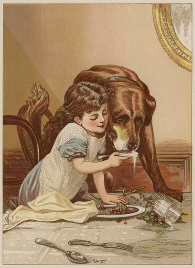 Dívka krmící psa (chromolitho) od Mary Ellen Edwards