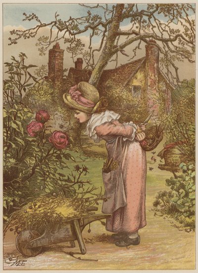 Dívka sleduje včelu v zahradě (chromolitho) od Mary Ellen Edwards
