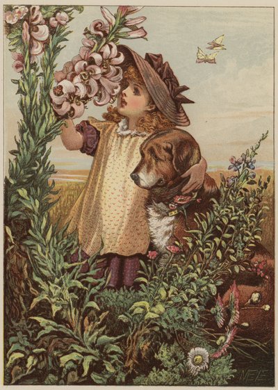 Dívka se psem vonící květiny (chromolitho) od Mary Ellen Edwards