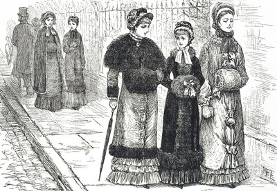 Ilustrace zobrazující mladé ženy s rukávníky, aby si udržely ruce v teple během chladnějšího počasí od Mary Ellen Edwards