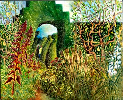 Great Dixter: Topiary and flowers, 2003 (olej na palubě) od Mary Kuper