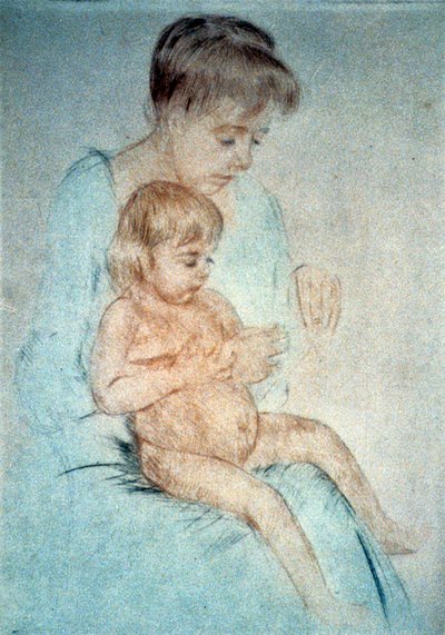 Žena držící malé nahé dítě na klíně při úpravě nehtů, c1904. Pastel. Mary Cassatt (1844-1926) Americká malířka a grafička, která od roku 1866 žila převážně ve Francii. Domácí matka dítě od Mary Stevenson Cassatt