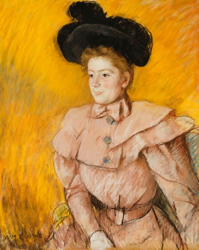 Žena v černém klobouku a malinově růžovém kostýmu, c.1899 od Mary Cassatt